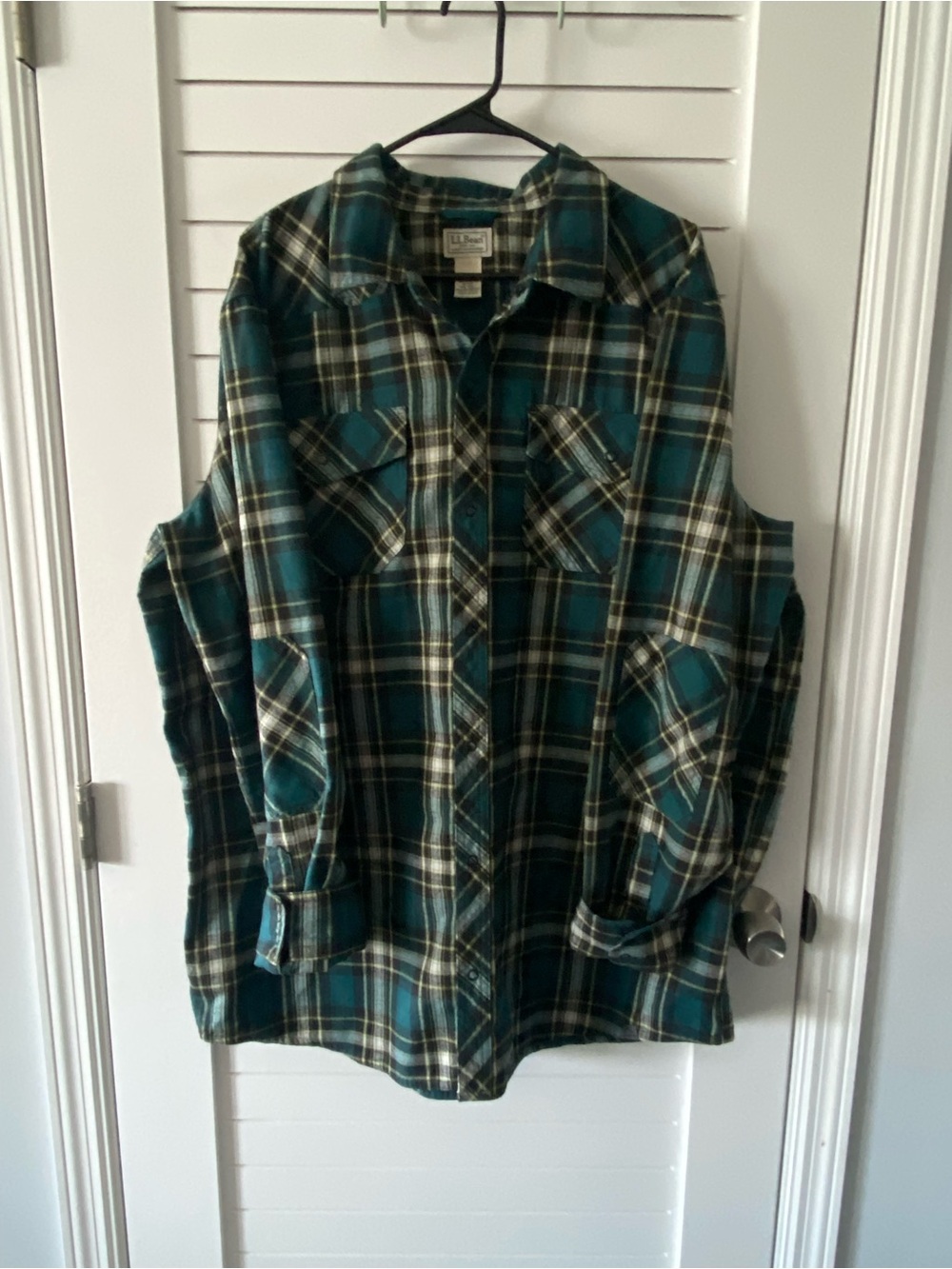 LL Bean Teal Blue Plaid Snap Button Long Sleeve Collared Men’s Size XXL Tall